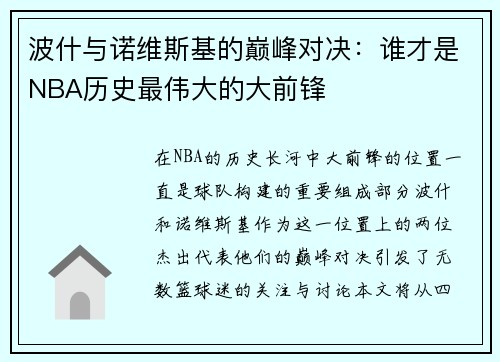 波什与诺维斯基的巅峰对决：谁才是NBA历史最伟大的大前锋