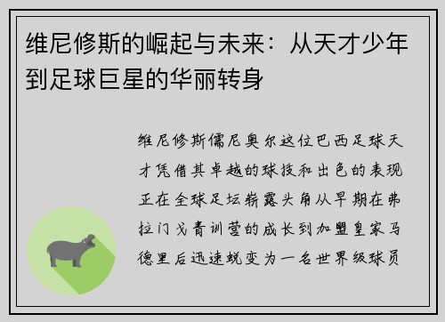 维尼修斯的崛起与未来：从天才少年到足球巨星的华丽转身
