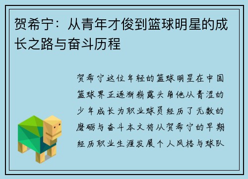 贺希宁：从青年才俊到篮球明星的成长之路与奋斗历程